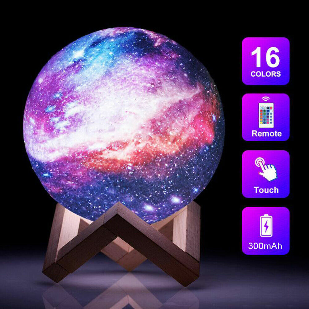 16-Color LED Galaxy Moon Lamp with Stand – 3D USB Night Light for Bedroom, Includes Remote Control