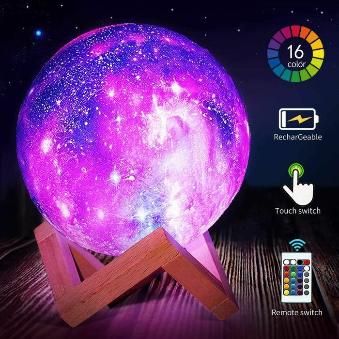 16-Color LED Galaxy Moon Lamp with Stand – 3D USB Night Light for Bedroom, Includes Remote Control