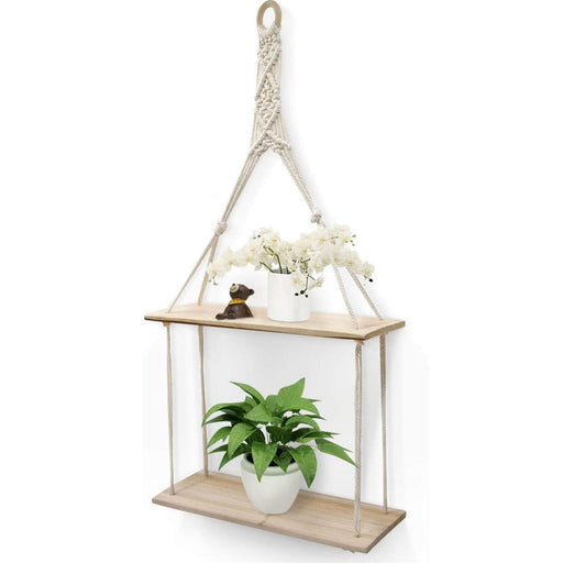 Wooden Floating 2-Tier Hanging Shelf with Macrame Rope – 30x10x72 cm Storage Wall Decor