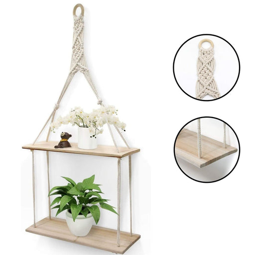 Wooden Floating 2-Tier Hanging Shelf with Macrame Rope – 30x10x72 cm Storage Wall Decor