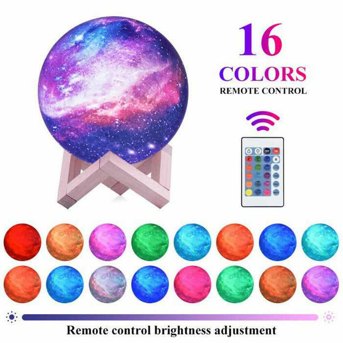 16-Color LED Galaxy Moon Lamp with Stand – 3D USB Night Light for Bedroom, Includes Remote Control