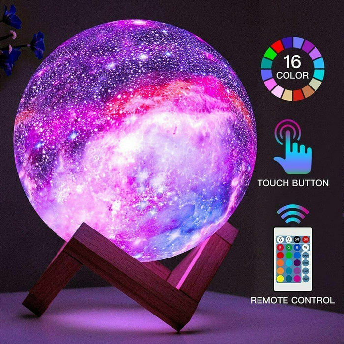 16-Color LED Galaxy Moon Lamp with Stand – 3D USB Night Light for Bedroom, Includes Remote Control